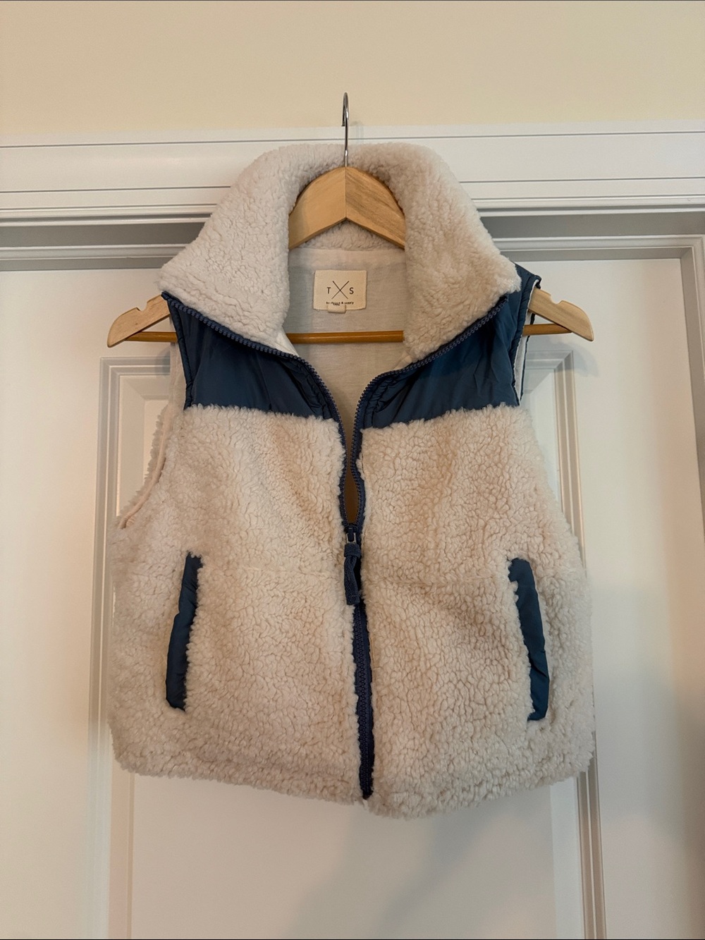 Thread & Supply Cream Sherpa Vest with Navy Trim